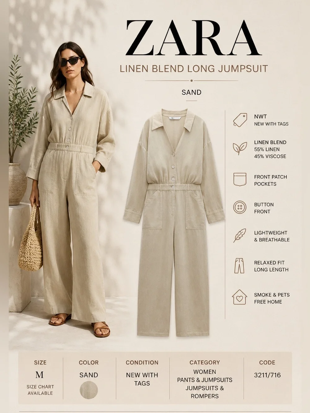 Zara Sand Linen Blend Long Jumpsuit Size M NWT Button Front Wide Leg Romper